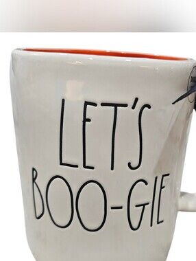 Rae Dunn, White Ceramic "Let's BOO-GIE" Mug with Orange Interior, New